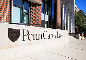 Golkin Hall exterior at Penn Carey Law. Text reads: Penn Carey Law