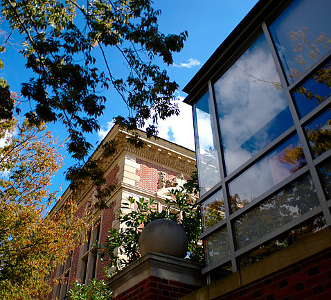 Gittis Hall, a modern building on Chestnut Street, connects to historic Silverman Hall (pictured)...